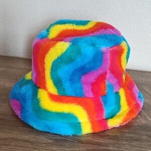 Unbranded Faux Fur Bucket Hat Unisex OS Multicolor Rainbow Swirl Plush Festival